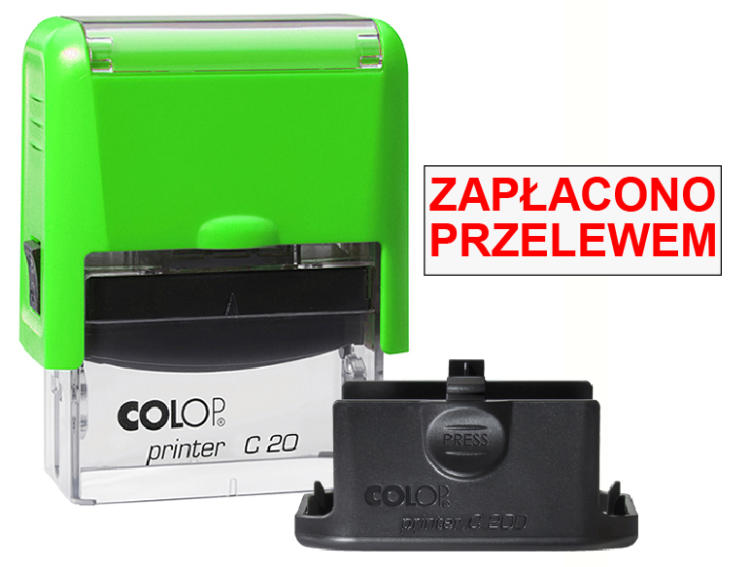 Neonowo zielona pieczątka biurowa Colop C20 - Zapłacono przelewem