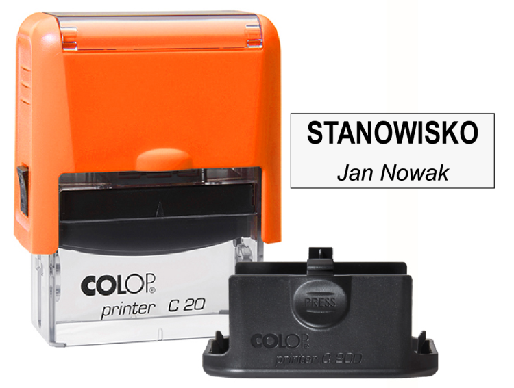 Neonowo pomarańczowa pieczątka firmowa Colop C20 - Stanowisko + imie i nazwisko